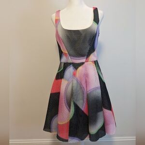Milly Bias Tucked Dress Multi-color Fit & Flare Knee Length Dress Sz 4 USA Made